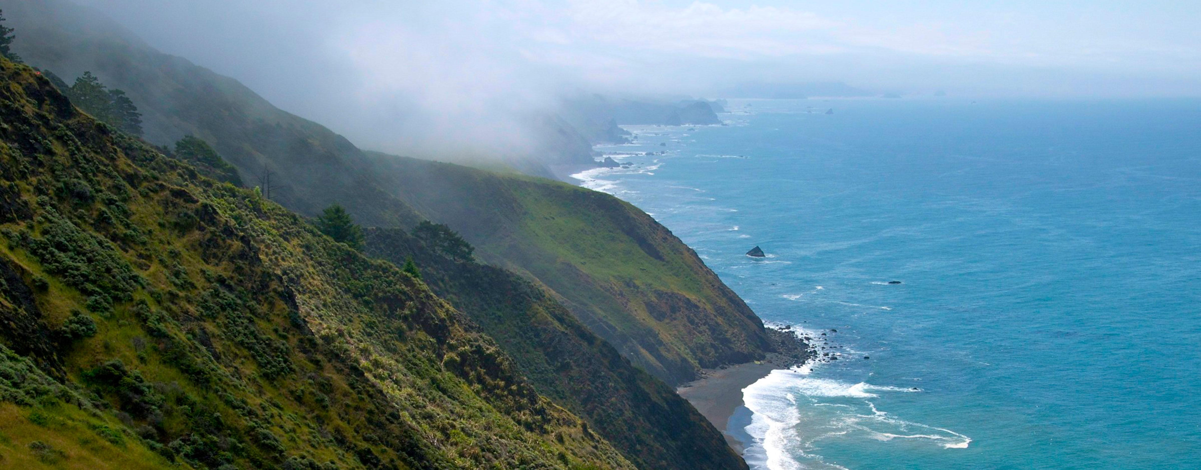 Aerial view of a misty coastline with a steep, green hillside leading down to a blue ocean with waves hitting the shore, fading into the distance.